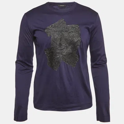 Pre-owned Versace Nacvy Blue Leather Applique Jersey T-shirt M