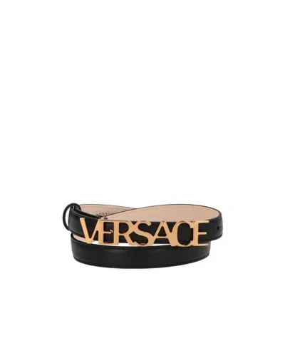 Versace Name Logo Buckle Belt In Black