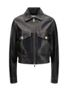 Versace Leather Collared Coat Front Pockets Stitching In Black
