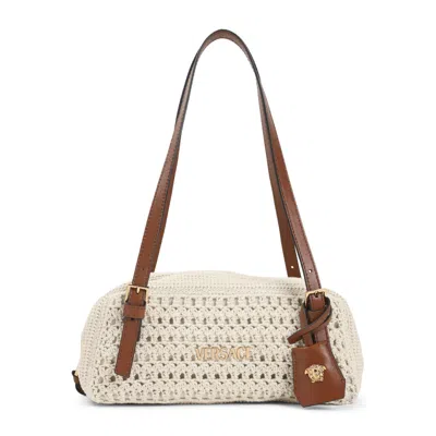 Versace Crochet Shoulder Bag Dual Leather Straps In Neutral