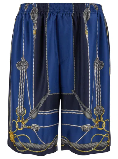 VERSACE NAUTICAL BLUE SHORTS WITH BAROCCO PRINT IN SILK MAN