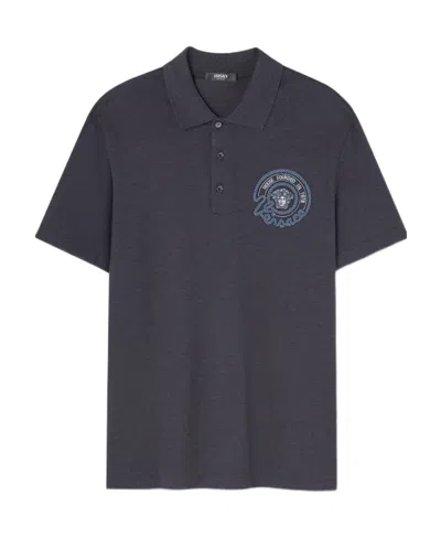 Versace Nautical Medusa Cotton Polo Shirt In Gray
