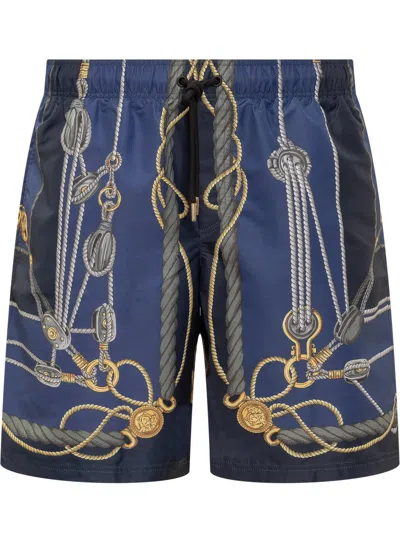 Versace Nautical Print Swimsuit In Blu E Oro