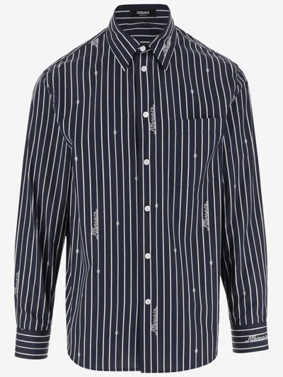 Versace Nautical Stripe Pattern Cotton Shirt In Blue