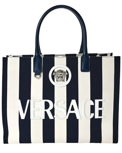 Versace Navy And White Canvas Striped La Medusa Tote (authentic Pre-loved)
