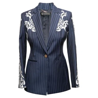 Pre-owned Versace Navy & White  Pinstriped & Embroidered Virgin Wool Blazer Size It 38