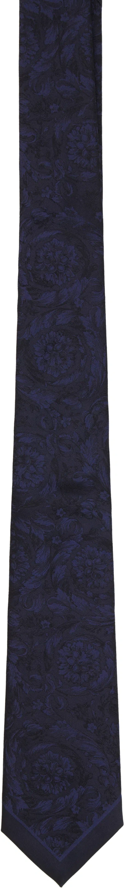 Versace Barocco Silk Tie In 1ui20-navy Blue