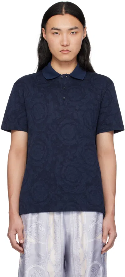 Versace Navy Barocco Polo In 1ui20-navy Blue