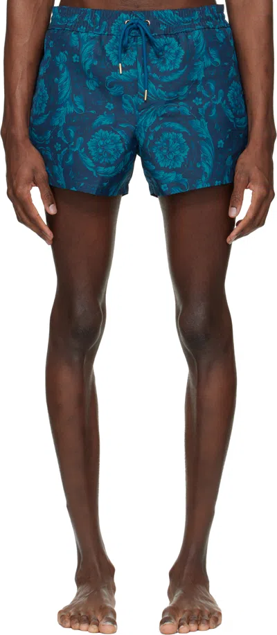 Versace Navy Baroque Swim Shorts In Blue