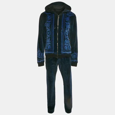 Pre-owned Versace Navy Blue Floral Print Velvor Track Suit M