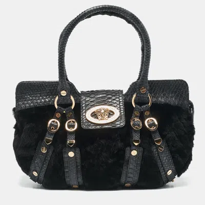 Pre-owned Versace Navy Blue Fur And Python Medusa Shoulder Bag