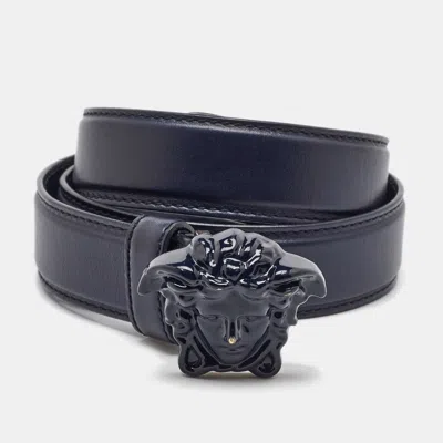 Pre-owned Versace Navy Blue Leather Medusa Buckle Belt 80cm