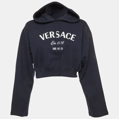 Pre-owned Versace Navy Blue Logo Embroidered Cotton Knit Cropped Hoodie Xs