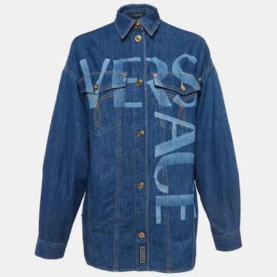 Pre-owned Versace Navy Blue Logo Print Denim Oversized Shirt S
