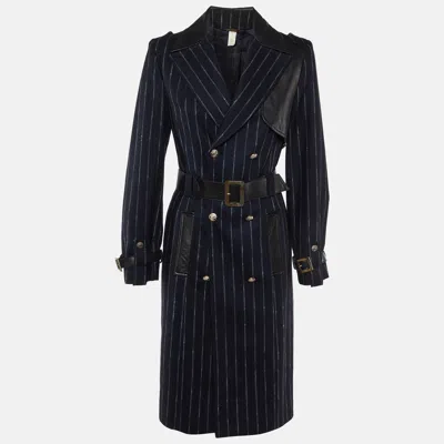 Pre-owned Versace Navy Blue Stripe Wool Belted Double Breasted Trench Coat M