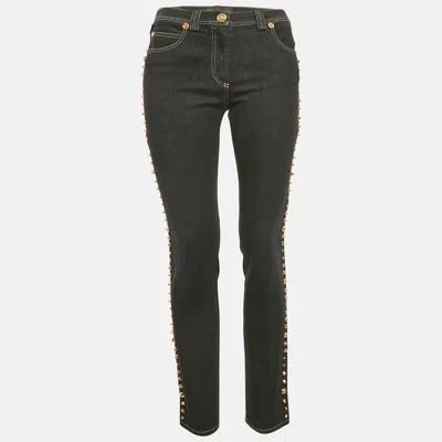 Pre-owned Versace Navy Blue Studded Denim Medusa Button Detail Jeans M Waist 28"