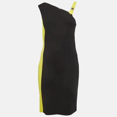 Pre-owned Versace Navy Blue/yellow Knit Asymmetric Color Block Dress M
