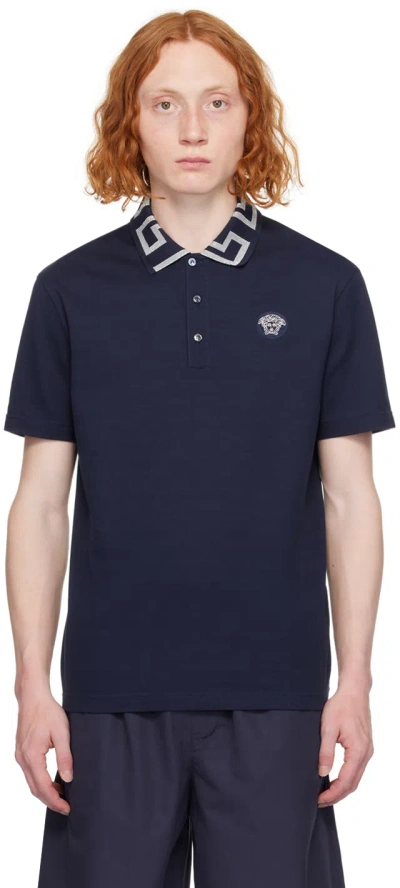 Versace Navy Greca Polo In Navy Blue