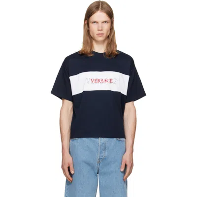 Versace Navy Intarsia Cotton-jersey Regular T-shirt In Blue