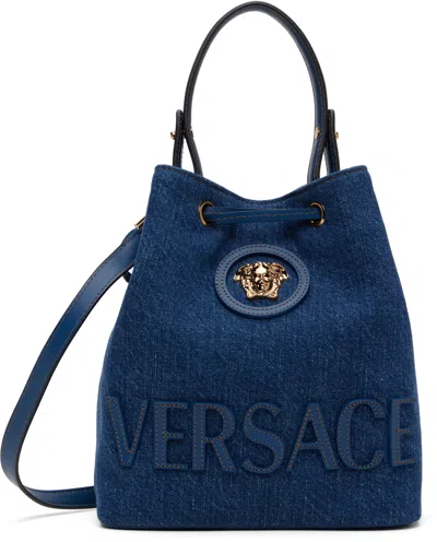 Versace Navy 'la Medusa' Denim Bucket Bag In 1uc7v-navy Blue-vers