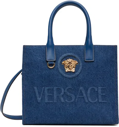 Versace Navy 'la Medusa' Denim Small Tote In 1uc7v-navy Blue-vers