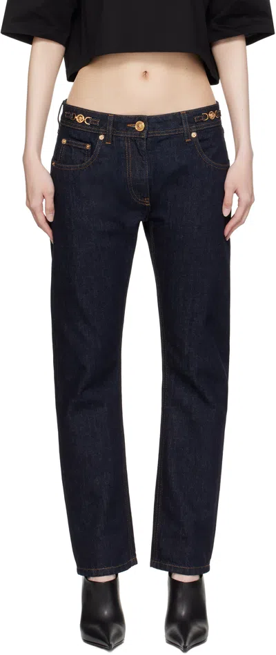 VERSACE NAVY MEDUSA '95 CROP STRAIGHT-FIT JEANS