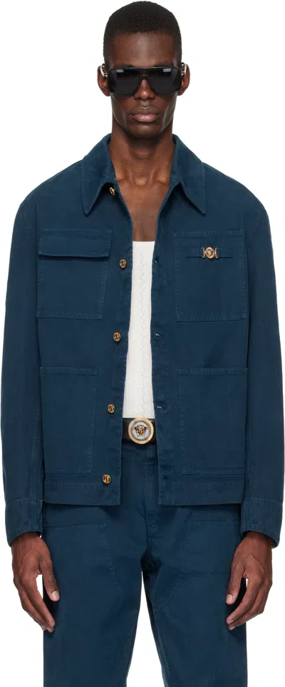 Versace Navy Overdyed Canvas Carpenter Jacket In Green