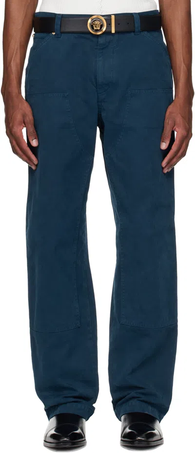 Versace Navy Overdyed Canvas Carpenter Trousers In Blue