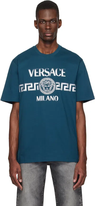 Versace Navy Printed Cotton-jersey Regular T-shirt In Blue