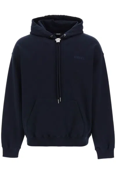 Versace Navy Ribbed Cotton Hoodie For Men In Blue