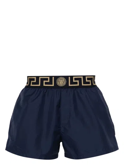 Versace Navy Silk-nylon Swim Shorts With Greek Key Waistband In Blue