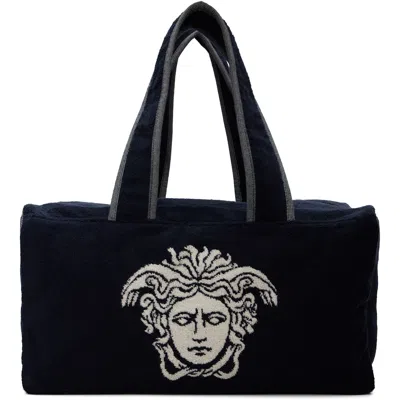 Versace Navy Terry Cloth Jacquard Gym Duffle Bag
