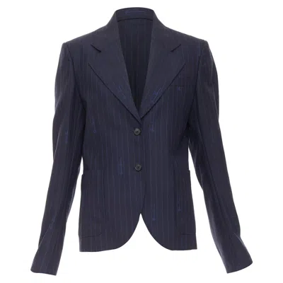 Versace Navy Virgin Wool Cotton Gv Signature Pinstripe Blazer Jacket It40 S In Blue