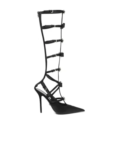 Versace Needle Buckle Straps High Heels In Black