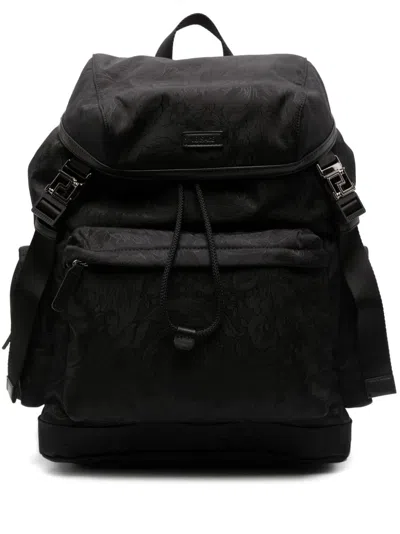 VERSACE NEO NYLON JACQUARD BACKPACK IN BLACK WITH GREEK DETAILING AND MULTIPLE POCKETS