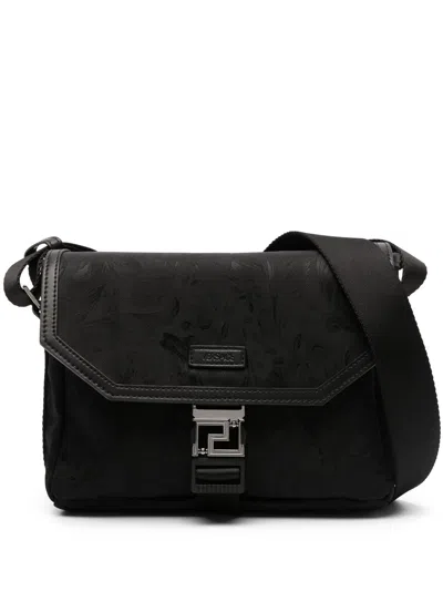 Versace Neo Nylon Jacquard Messenger Bag In Black