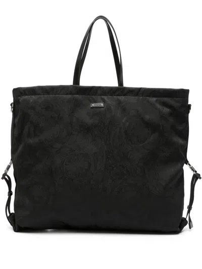 Versace Neo Nylon Jacquard Tote Bag In Black
