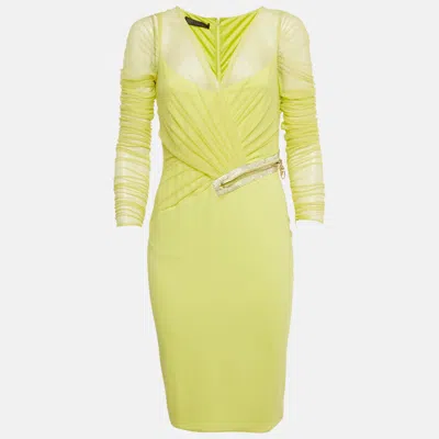 Pre-owned Versace Neon Yellow Embellished Detail Mesh & Jersey Short Dress M