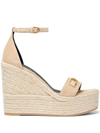 Versace Embellished Suede Espadrille Wedge Sandals In Beige