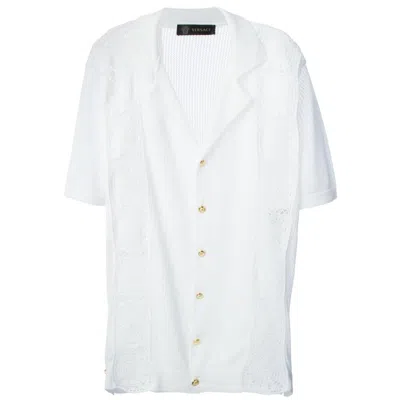 Pre-owned Versace New $1875  Men's White Cotton Macrame Dress Shirt Cardigan Italian 54, 50