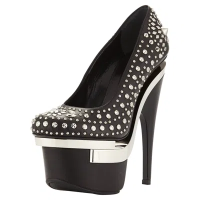 Pre-owned Versace New $2650  Triple Platform Silver Black Leather Studded Shoes Pumps 38 8