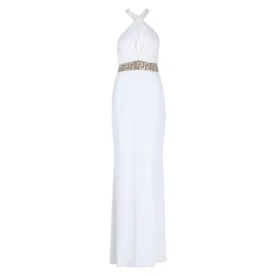 Pre-owned Versace New $6950  Swarovski Crystals Greek Key White Jersey Dress Gown It. 42