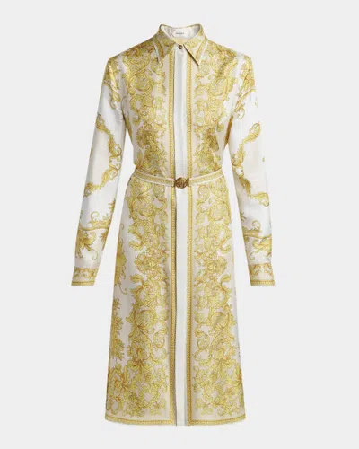 Versace New Baroque Silk Twill Belted Midi Shirtdress In Gold
