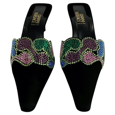 Pre-owned Versace New S/s 2000 Gianni  By Donatella Rhinestone Black Suede Kitten Heels 37
