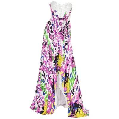 Pre-owned Versace New  $8725.00 Silk White Laser-cut Out Leather Bustier Dress Gown 40 Us 6