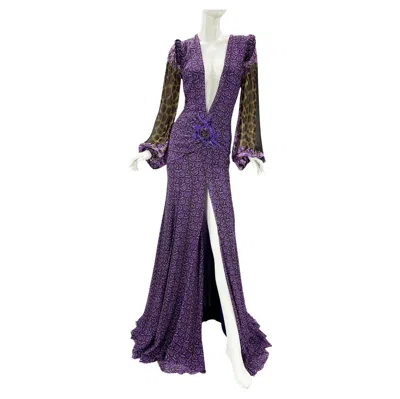 Pre-owned Versace New  $9875 Silk Mixed Print Deep Plunge Embellished Dress Gown Italian 38 In Black