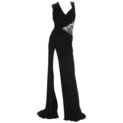 Pre-owned Versace New  Black Jersey Leather Beads Embellished High Slit Dress Gown 40 Us 6