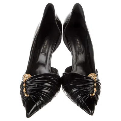 Pre-owned Versace New  Black Leather Safety Pin High Heels Shoes Pumps It 41 - Us 11