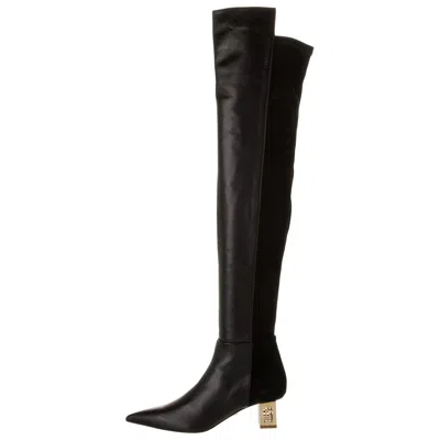 Pre-owned Versace New  Black Leather Suede Greek Key Gold Tone Heel Over Knee Boots 38