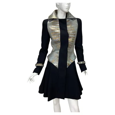 Pre-owned Versace New  Black Wool Leather Crocodile Pattern Fitted Coat It 38 - Us 4
